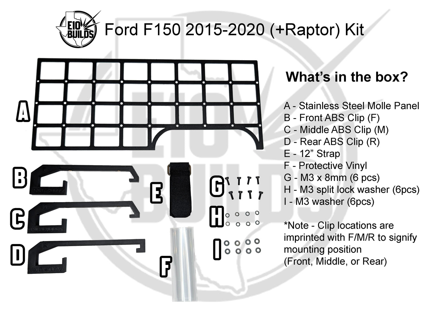 E10BUILDS FORD F150 (2015-2025, +Raptor, +2017-2022 F250/F350 Super-Duty) NO-DRILL MOLLE Panel Center Console Side Mount Kit