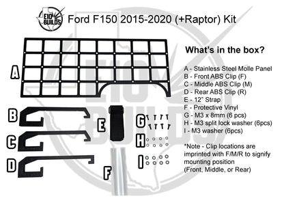 E10BUILDS FORD F150 (2015-2025, +Raptor, +2017-2022 F250/F350 Super-Duty) NO-DRILL MOLLE Panel Center Console Side Mount Kit