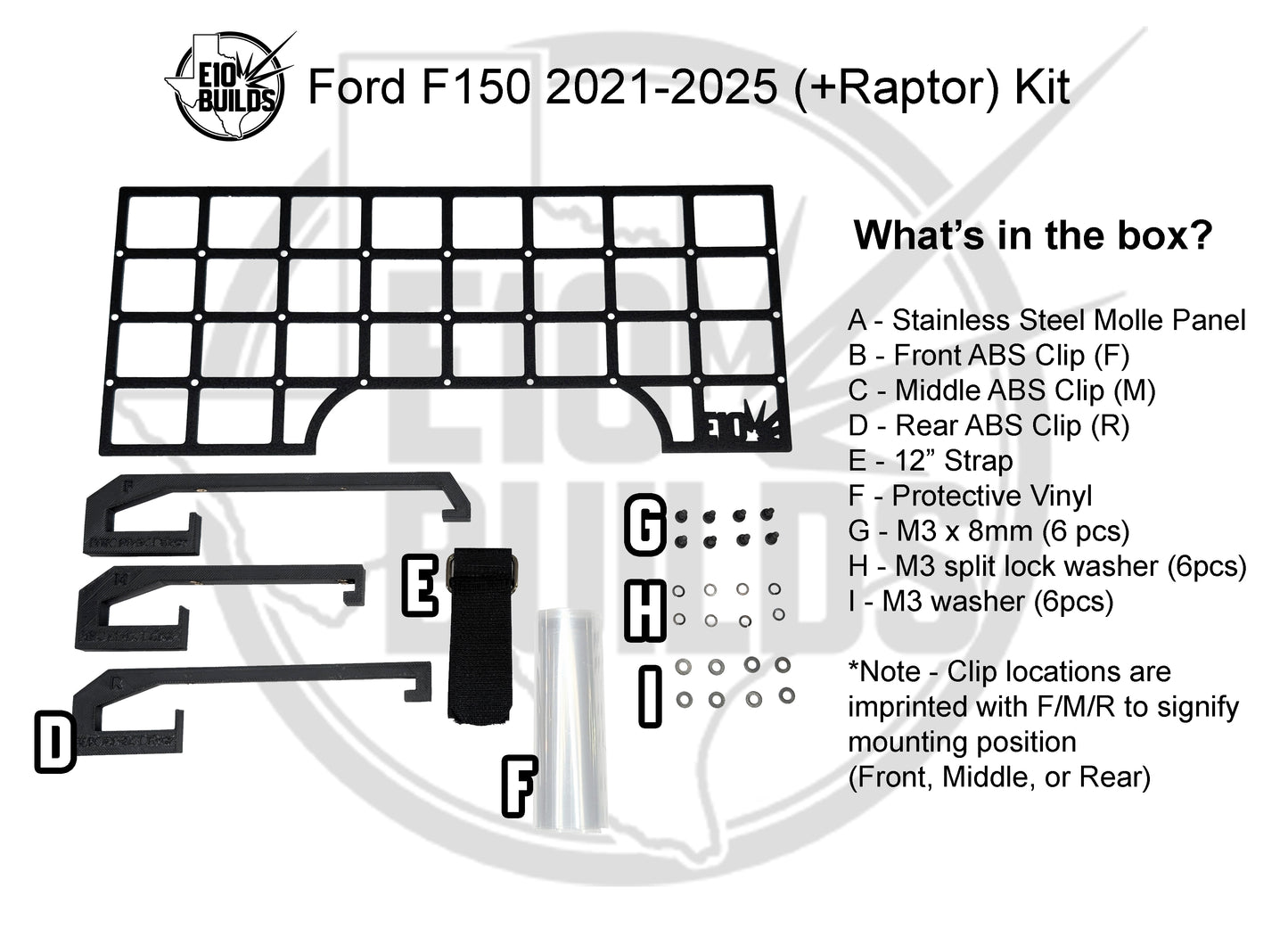 E10BUILDS FORD F150 (2015-2025, +Raptor, +2017-2022 F250/F350 Super-Duty) NO-DRILL MOLLE Panel Center Console Side Mount Kit