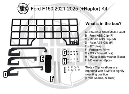E10BUILDS FORD F150 (2015-2025, +Raptor, +2017-2022 F250/F350 Super-Duty) NO-DRILL MOLLE Panel Center Console Side Mount Kit